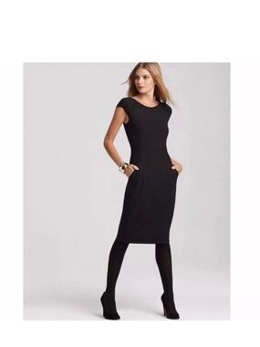 Theory Wool Blend Cap Sleeve Sheath Dress Pockets Black LBD 4